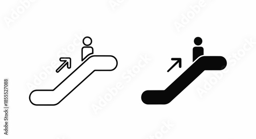 Black and white icons of people riding escalators with arrows pointing upwards on a plain white background.