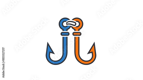 Stylized blue and orange fishing hooks intertwined with rope details, depicting a nautical theme on isolated white background.