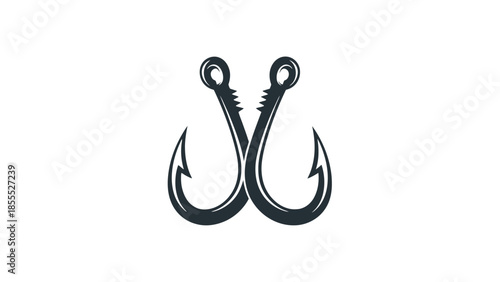 Two black fishing hooks intertwined, forming a strong symbol on isolated white background.