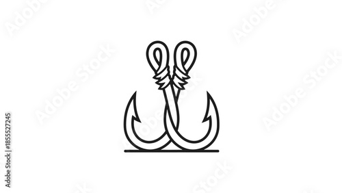 Two intertwined fishing hooks in a minimalist line art style, on isolated white background.