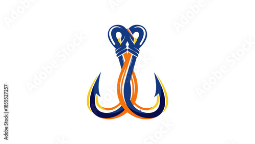 Stylized blue and orange fishing hooks intertwined, creating a vibrant and modern symbol on isolated white background.