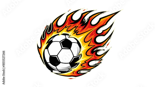 Vibrant soccer ball engulfed in flames with a speed trail, dynamic action on isolated white background.