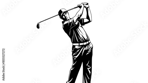 Powerful male golfer silhouette executing a strong golf swing with full follow through on isolated white background.