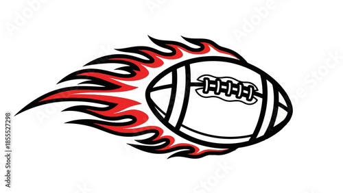 Flaming American football with red and orange fire trail, dynamic speed illustration on isolated white background.