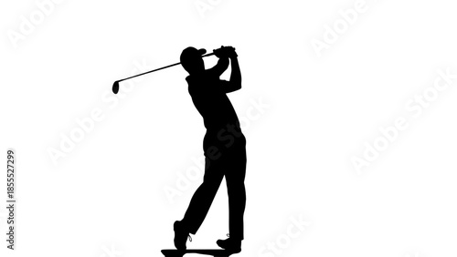 Male golfer silhouette completing a graceful golf swing, full follow through on isolated white background.