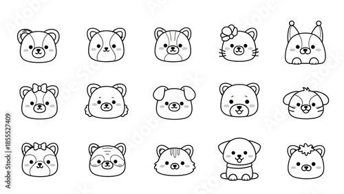 Collection of cute cartoon bear faces with various expressions and accessories, black and white outline drawing, isolated white background.