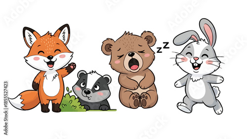 Happy cartoon fox, badger, sleeping bear, and cheerful rabbit character illustration in a grassy field.