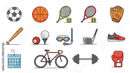 Collection of various sports equipment and fitness accessories icons, including soccer ball, basketball, tennis racket, golf club, bicycle, and dumbbells, isolated white background