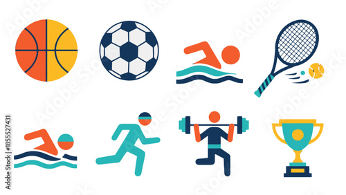 Colorful set of sports and activity icons including basketball, soccer, swimming, tennis, running, weightlifting, and trophy, isolated white background.