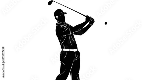 Silhouette of a male golfer in action, swinging a golf club to hit the ball with focus and athletic precision, isolated white background