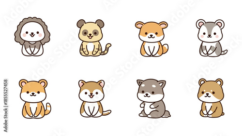 Collection of cute cartoon baby animals in various poses, including lion, panda, bear, and dog, sitting with friendly expressions, isolated white background