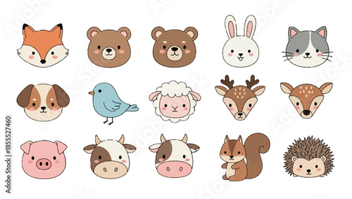 Large collection of cute cartoon animal faces, including fox, bear, bunny, cat, dog, and pig, with friendly and happy expressions, isolated white background