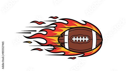 Dynamic flaming American football with fiery orange and yellow flames trailing, depicting speed and power in sports, isolated white background