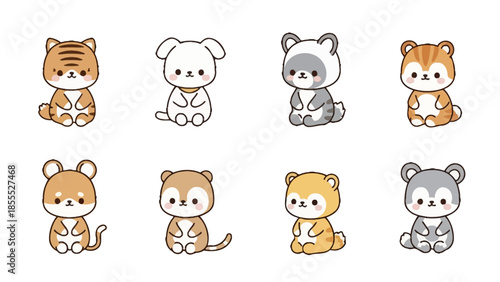 Collection of cute cartoon baby animals in various poses, including tiger, dog, raccoon, and bear, sitting with friendly expressions, isolated white background