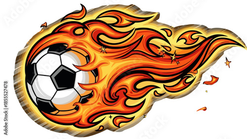 Dynamic flaming soccer ball with fiery orange and yellow flames trailing, depicting speed and power, isolated white background