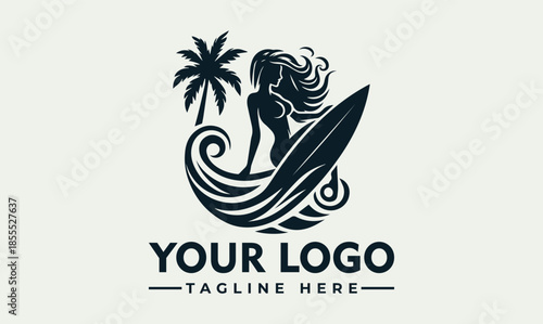 Vector logo featuring a surfing woman on a wave with a palm tree and customizable text on a light green background.