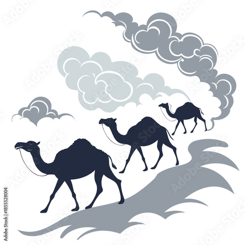 Dark blue camels walking on sand with clouds desert