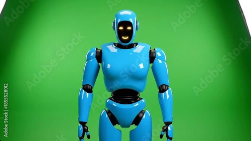 Blue Robot Bowing on Green Screen Backdrop with Front Angle Studio Lighting Robotic Character Animation Element Visual Effect and