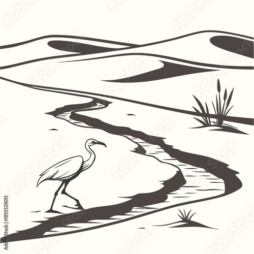 Desert landscape with bird standing by water stream and thin ice