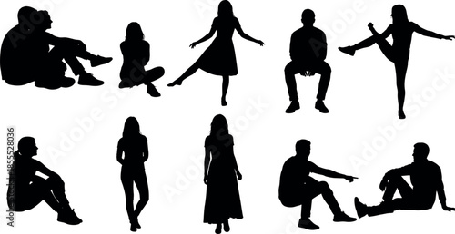 Vector Black Silhouettes Collection of People Sitting Standing Walking and Dancing Isolated on White Background for Architectural Rendering and Design
