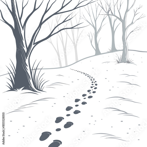 Camel footprint trail disappearing into snow white landscape with bare trees