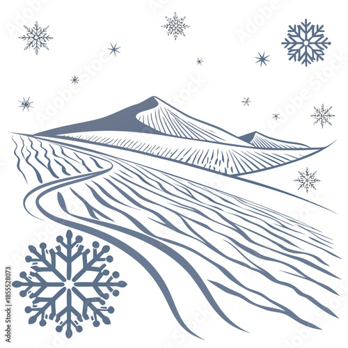 Snowflakes falling on desert landscape with sand dunes