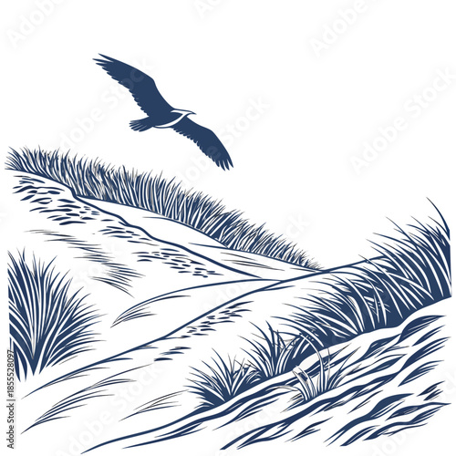 Bird flying over frozen dune patterns white background