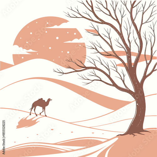 Desert landscape with camel and tree in orange hues