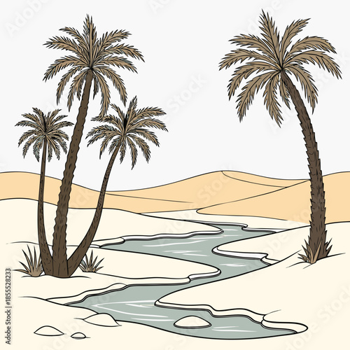 Desert oasis with frozen stream and palm trees sand