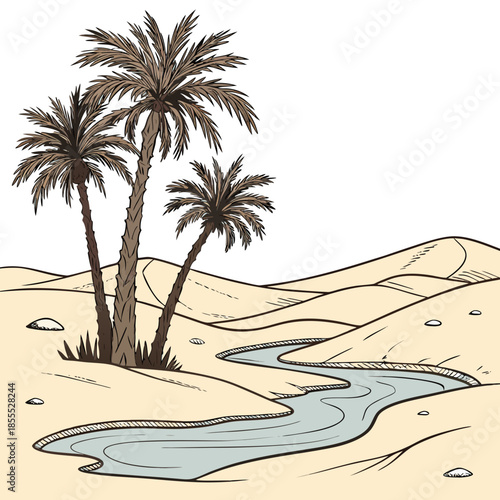 Desert oasis with palm trees and frozen stream sand dunes