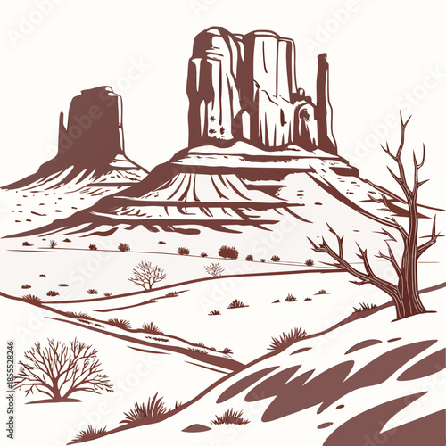 Desert landscape with rocky outcrops and bare trees in sepia tones