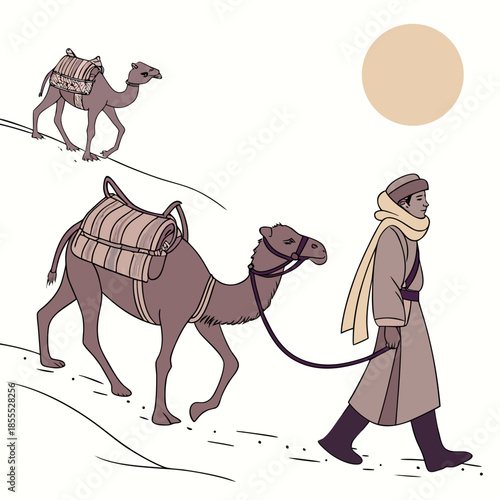 Herdsman walking beside camels under soft winter sun