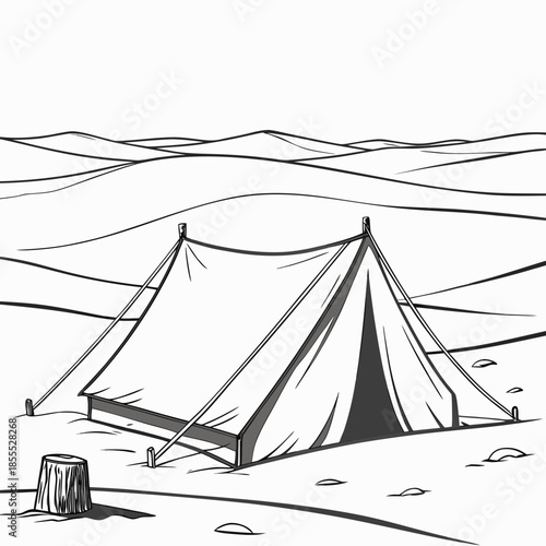 White nomad tent standing in snow covered desert landscape