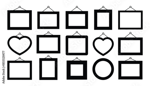 Collection of black graphic frames in various shapes and sizes hanging on a white background, picture frame mockups, empty wall display, modern minimalist interior, and creative layout concept.