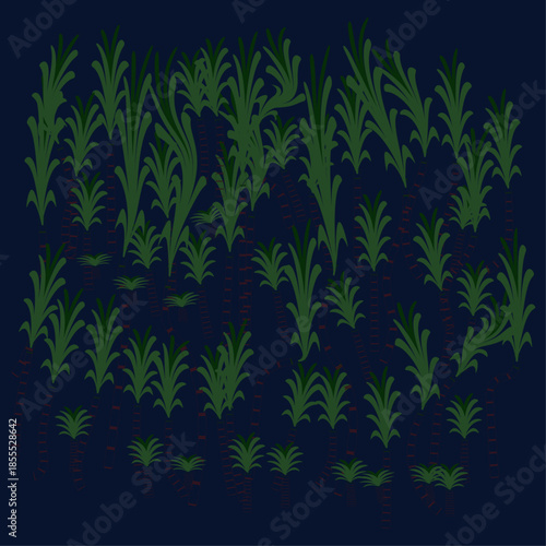 Dense Tropical Vegetation with Red Stems Blue Background