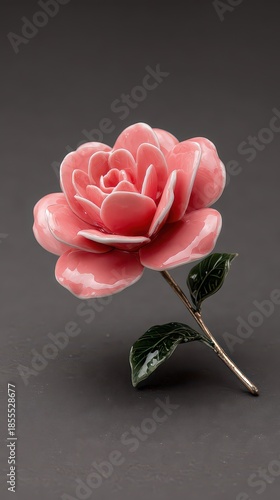 Elegant Pink Ceramic Rose with Silver Glitter on Gray Backdrop Close Up Macro