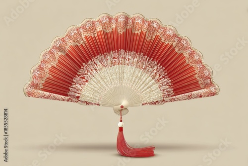 Intricate Red and White Fan with Tassel on Beige Background, Decorative Ornament, Eastern Art, Delicate Design, Ornate Pattern, Smooth Lighting
