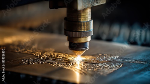 Industrial Laser Cutting Machine Precision Metal Fabrication with Spark and Fluid on Metal Surface in Dimly Lit Factory