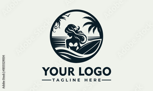 A vector logo design featuring a surfing mermaid silhouette with a tropical beach background and palm trees, with a customizable tagline and logo text on a clean white background.