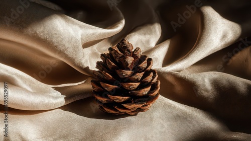Pinecone Centered on Silky Golden Drapery in Warm Sunlight Background Textured Surface Festive Still Life Decor Christmas Holiday Season