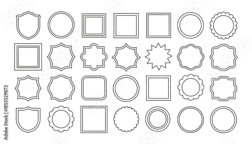 Collection of black decorative outline frames and borders in various shapes, minimalist vector design, ornamental elements, white background presentation, and versatile template for graphic projects.