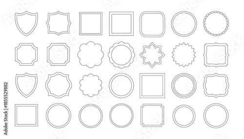 Collection of black outline decorative frames and borders on white background, elegant geometric and ornamental shapes, design elements, artistic vector templates, and creative layout accents for 