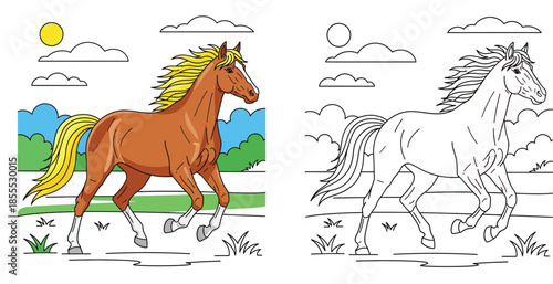 Coloring book page for kids with colorful and outline horse. Cartoon vector illustration of a brown stallion running in nature field, side by side comparison for children education and fun activity.