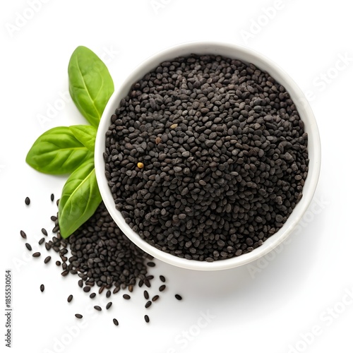 Basil Seeds Sabja Glossy Black Seeds on Pure White Background Capturing Sleek Texture Hydrated Shine and Natural Superfood Vitality in a Clean Minimalist Culinary Composition