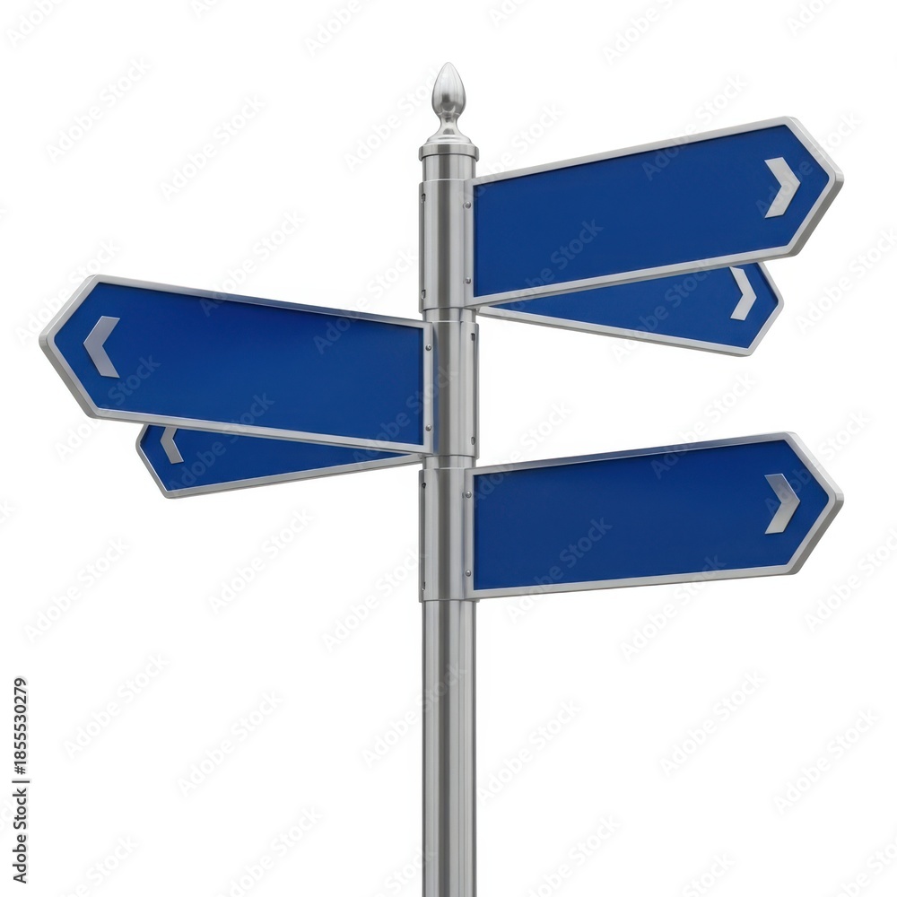 Obraz premium Directional signpost with multiple blank blue arrows isolated on white background