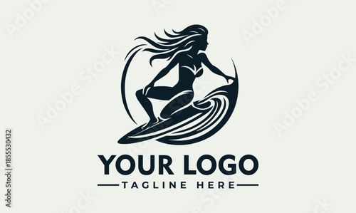 A vector logo featuring a woman surfing on a wave with the text 'YOUR LOGO' and 'TAGLINE HERE' in a simple, modern design.