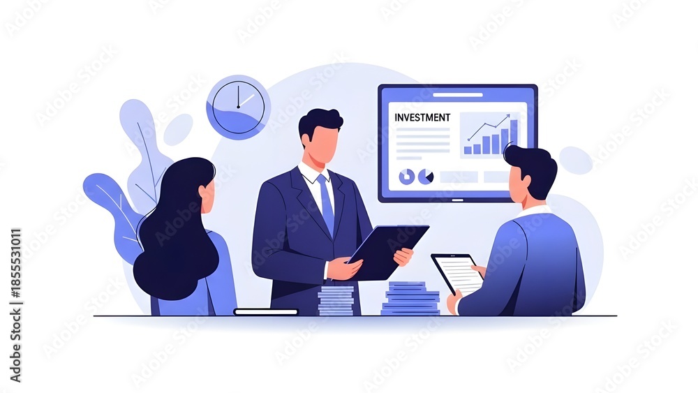 Fototapeta premium Confident Financial Advisor Meeting With Diverse Clients In Modern Office, Reviewing Investment Portfolios, Analyzing Market Data, Discussing Strategic Plans For Wealth Growth, Teamwork Collaboration 