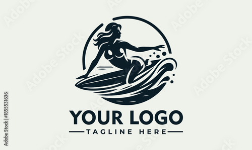 Vector logo design featuring a woman surfing with a customizable tagline on a light green background.
