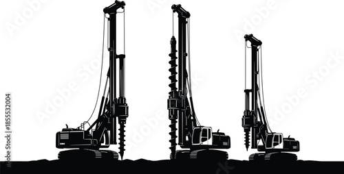 Construction drilling rig silhouettes, heavy machinery for foundation work, industrial equipment set, cad drawing flat vector illustration