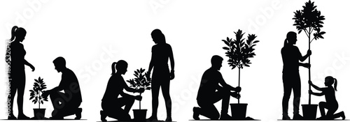 Silhouettes of people planting trees, men women and children gardening together, nature conservation